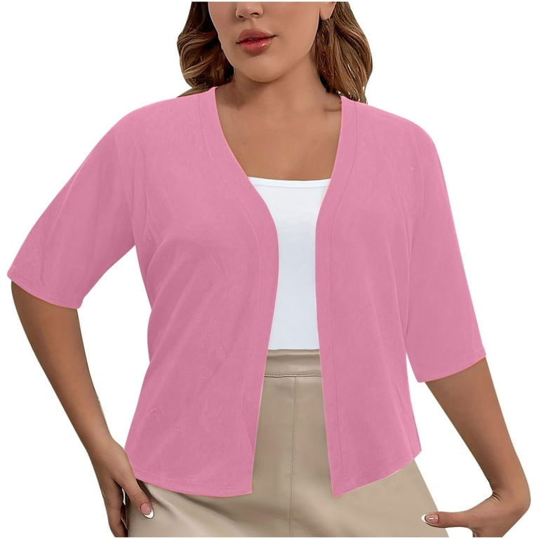 WNYEIME Plus Size Cardigan for Women Short Sleeve Soft Comfortable Cropped Cardigan Open Front Lightweight Casual Solid Color Simple Basic Blouses Tops Pink XXL Walmart