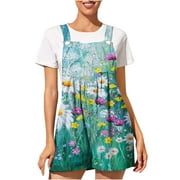 WNYEIME Rompers Jumpsuit for Women Loose Summer Sleeveless Button Wide Strap Short Overalls Casual Comfy Floral Printed Pockets Wide Leg Shorts Bib Rompers Green S