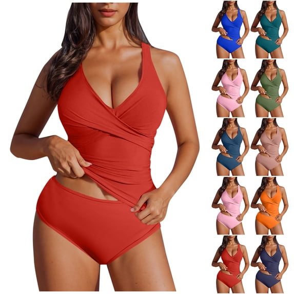 WNYEIME Summer Tankini Swimsuits for Women Tummy Control Bathing Suits Front Twist Ruched V Neck Two Piece Tankini Tops with Bikini Bottoms Fashion Slimming Beach Swimwear Blue M