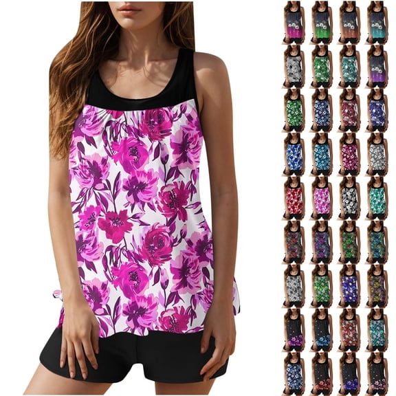 WNYEIME Two Piece Tankini Swimsuits for Women with Shorts Cute Summer Floral Pattern Printed Mesh Patchwork Tummy Control High Waist Bathing Suits Athletic Swimwear A-Blue L