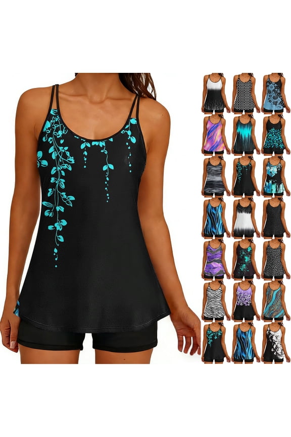 Women's Bathing Suits Two Piece Swimsuits Tankini Sets Boho Floral Printed Double Spaghetti Strap Modest Blouson Tank Top with Boyshorts Bathing Suits Swimwear Multicolor#12 XXL