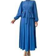 WNgert Summer Dresses for Women Women's Long Sleeve Dress Vintage Pullover Abaya Prayer Clothes Dresses for Women 2024(Color:Blue,Size:XL)