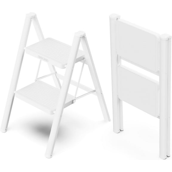 WOA 2 Step Ladder, Folding Stool with Broad Pedals, Compact Stepping Stool, Sturdy Steel Ladders for Home Anti-Slip Feet, Supports up to 330 lbs - White