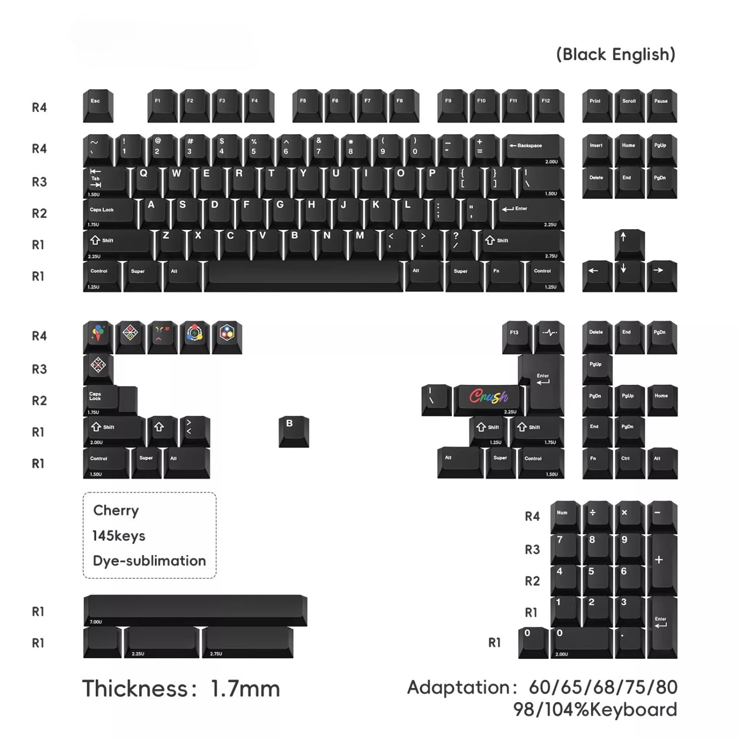WOB Pure Black Keycaps for Mechanical Keyboards, Cherry Profile 1.7mm PBT Dye-Sublimation Keycaps for Crush87/60/75 Keyboards