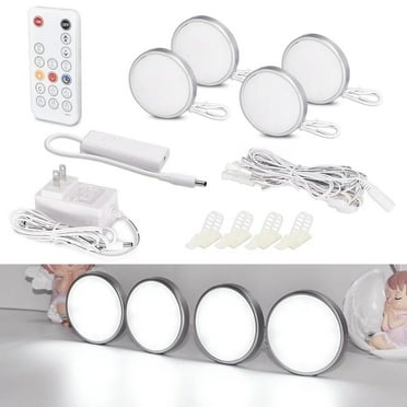 WOBANE LED Puck Lights, Wired Under Cabinet Lighting Kit with Remote, Dimmable Counter Lighting For Kitchen,Closet,Bookshelf,Shelf,700lm,6000K White,Super Bright,Timing, set of 4