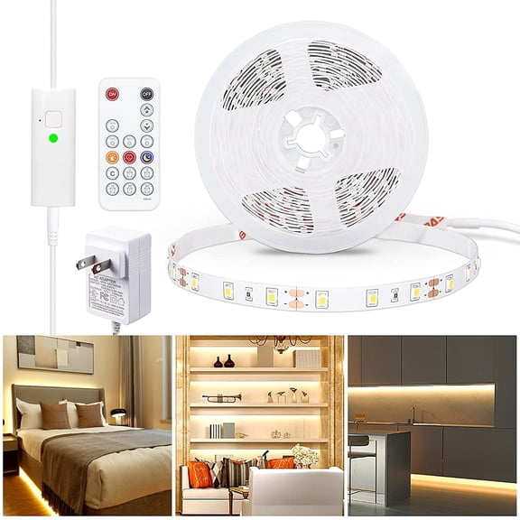 WOBANE Warm White LED Strip, Dimmable LED Light Strips with RF Remote and ETL Listed Adapter, 16.4ft Flexible Tape Lights for Kitchen,Under Cabinet,Bedroom, 3000K,300 LEDs Rope Light