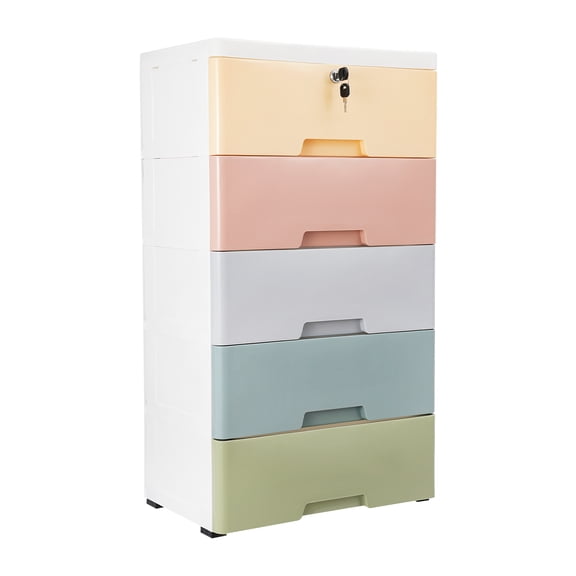 WOBENFOG Plastic 5 Drawers Storage Dresser Cabinet, Vertical Clothes Organizer Tower with Wheels for Bedroom Closet Entryway Home