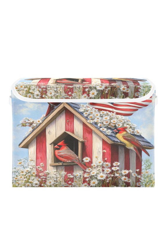 4th Of July Cardinal Bird Large Collapsible Storage Box Flip Lid Fabric Decorative Organizer Container Basket with Handles 16.512.611.8in