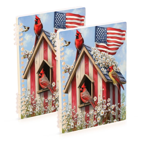 WOBOGO 4th Of July Cardinal Bird Notebook College Horizontal Grid Paper Ink Spill Resistant Water Resistant Cover 8.3x5.7x0.4in