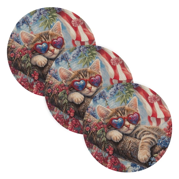 WOBOGO 4th Of July Cat Coil Placemats 3pcs Resistant Hot Pads Mat for Table Counter Cooking Potholder 15in