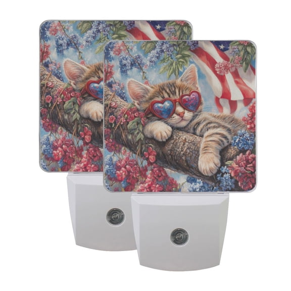 WOBOGO 4th Of July Cat LED Night Light 2 Pcs Set 0.5 Watt Wall Plug in Dusk to Dawn Automatic Switch Soft White Light