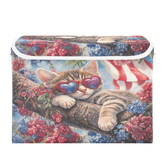 WOBOGO 4th Of July Cat Large Collapsible Storage Box Flip Lid Fabric Decorative Organizer Container Basket with Handles 16.512.611.8in