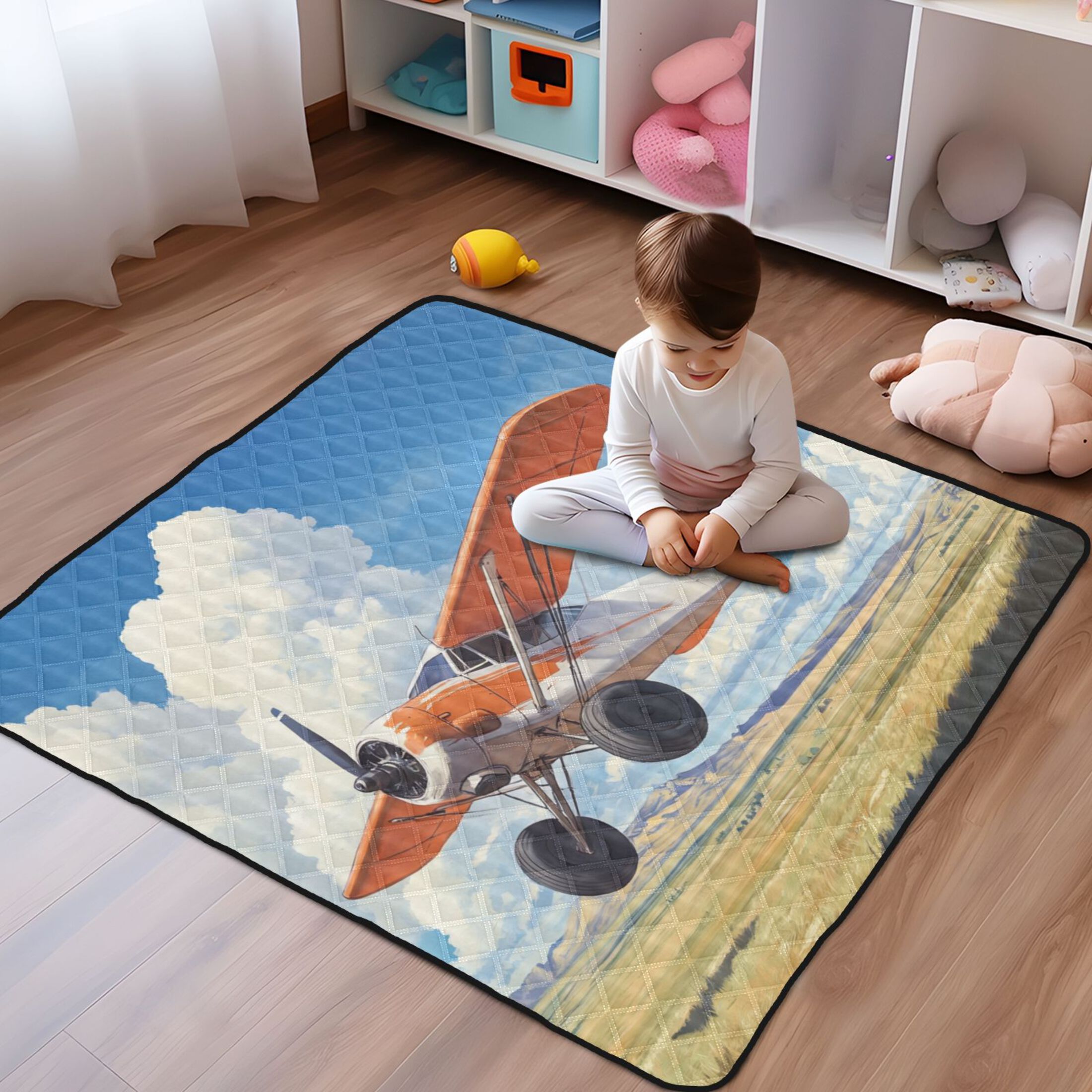 WOBOGO A Airplane Flies over The Mongolian Steppe Baby Playmats Extra Large Waterproof Rollable Activity Pads for Toddlers 50×50inch
