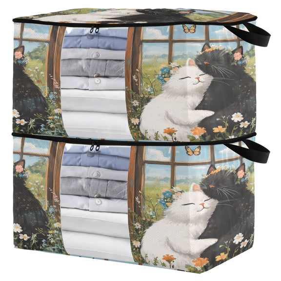 WOBOGO A Collage Of Two Cats Clothes Storage 2Pack Foldable Thick Fabric Blanket Organizer Bag with Handle 21.65×13.78×12.4in