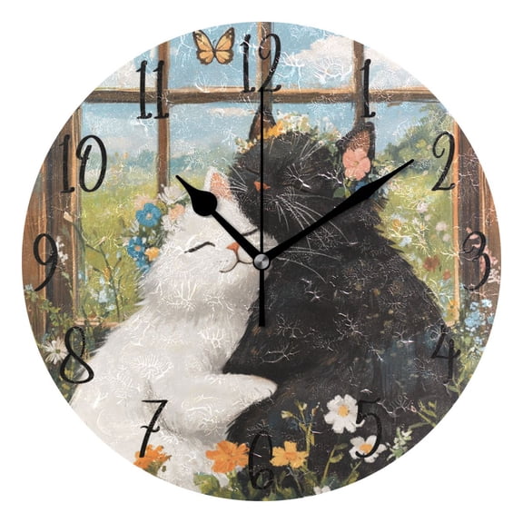 WOBOGO A Collage Of Two Cats Wall Clock 10in Silent Mechanism Battery Operated Retro Style for Living Room Bedroom and Kitchen Black Pointer