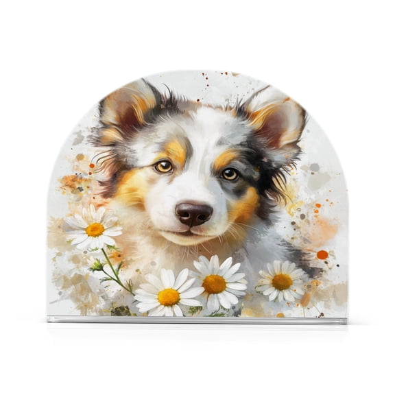 WOBOGO A Cute Border Collie with Daisies Pattern Clear Acrylic Napkin Holder Kitchen Tissue Face Towel Cocktail Rack Bar Restaurant Dinner Paper Dispenser