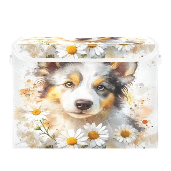 WOBOGO A Cute Border Collie with Daisies Pattern Large Collapsible Storage Box Flip Lid Fabric Decorative Organizer Container Basket with Handles 16.512.611.8in