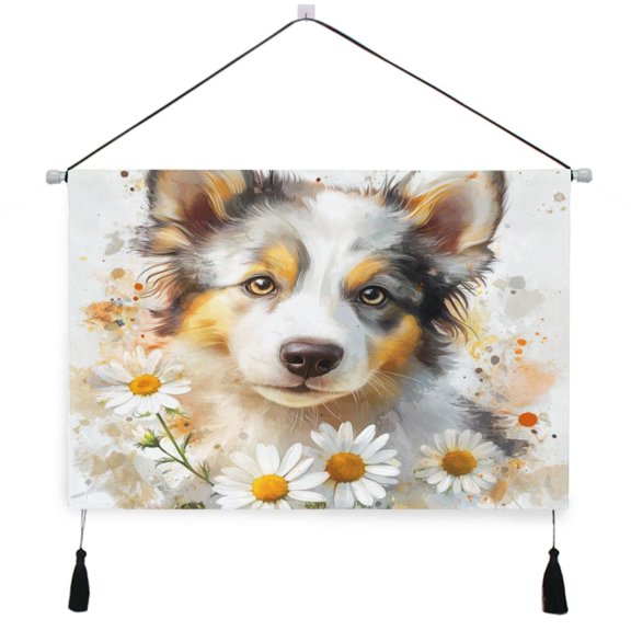 WOBOGO A Cute Border Collie with Daisies Pattern Living Room Canvas Wall Art Bedroom Study Framed Canvas Print Artwork Home Office Decorations 24.516.7in