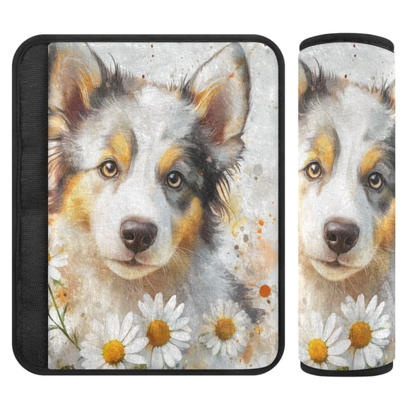 WOBOGO A Cute Border Collie with Daisies Pattern Seat Belt Cover 2 Piece Soft Comfort Driving Shoulder Pad Suitable for All Cars and Backpacks