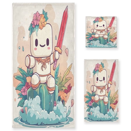WOBOGO A Cute Marshmallow Man Ultra Soft 3 Pack Cotton Towel Set Includes 60 x 30in Bath Towel 28 x 16in Face Towel and 13 x 13in Small Square Towel for Everyday Use Lightweight and Compact