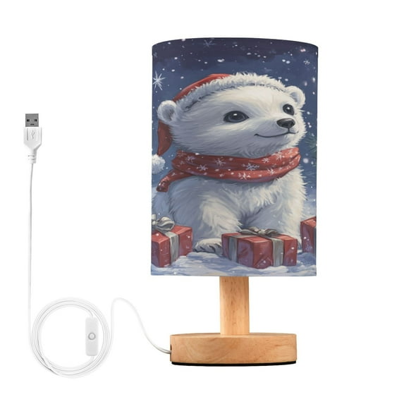 WOBOGO A Cute White Polar Bear Bedroom Table Lamp USB Power Connector Wooden Base Round Linen Shade For Living Room Desk