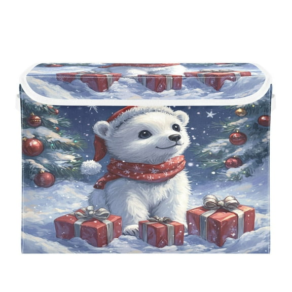 WOBOGO A Cute White Polar Bear Large Collapsible Storage Box Flip Lid Fabric Decorative Organizer Container Basket with Handles 16.512.611.8in