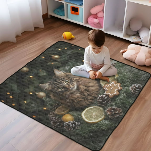 WOBOGO A Fluffy Cat Baby Playmats Extra Large Waterproof Rollable Activity Pads for Toddlers 50×50inch