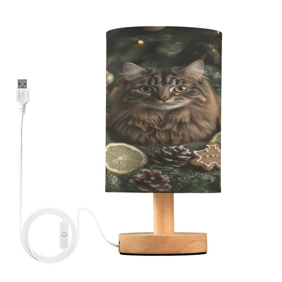 WOBOGO A Fluffy Cat Bedroom Table Lamp USB Power Connector Wooden Base Round Linen Shade For Living Room Desk