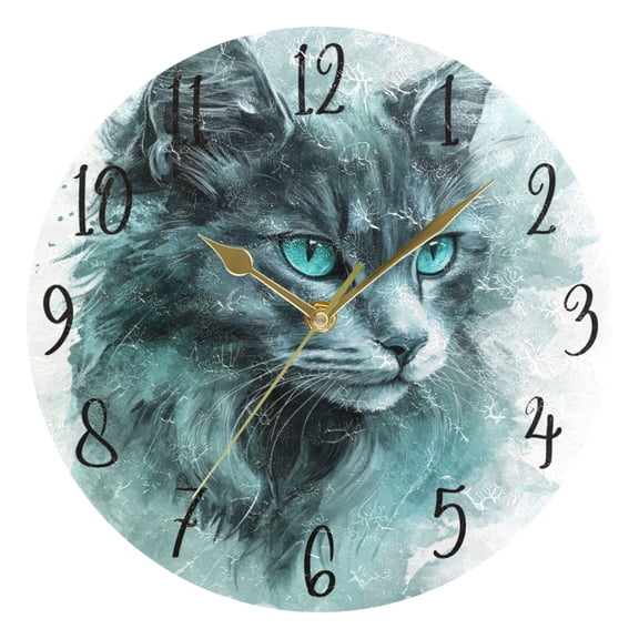 WOBOGO A Grey Cool Cat Wall Clock 10in Silent Mechanism Battery Operated Retro Style for Living Room Bedroom and Kitchen Gold Pointer