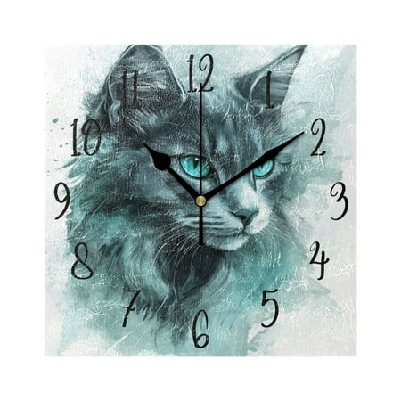 WOBOGO A Grey Cool Cat Wall Clock 7.78 Inch Battery Operated Silent Unit Square Rustic Vintage Style for Home Bedroom Office Black Pointer