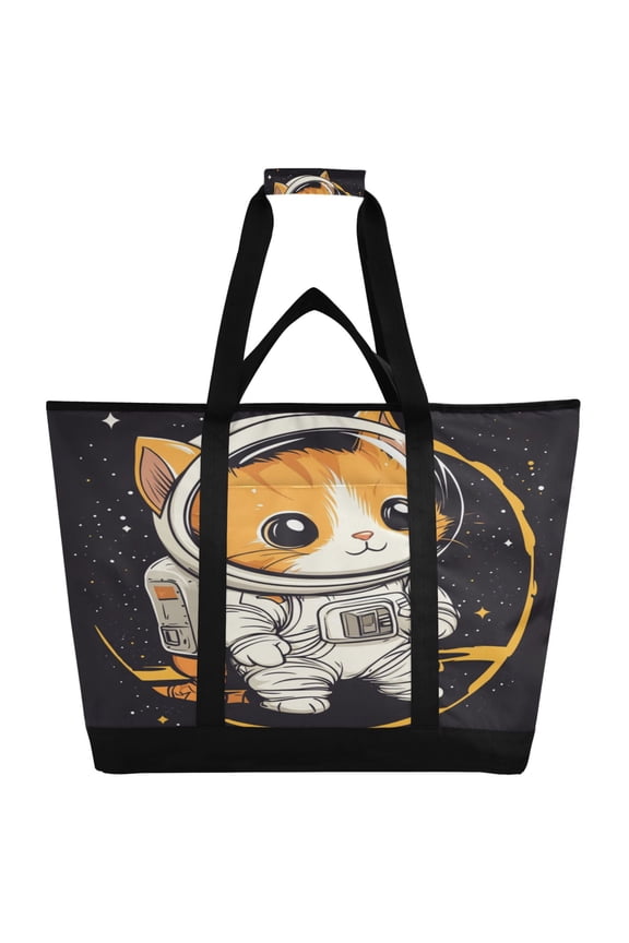 A Kitten in Outer Space Tote Cooler Bag Fold Flat Insulated Shopping Bag With Zipper For Work Picnic Beach Use 186.724in