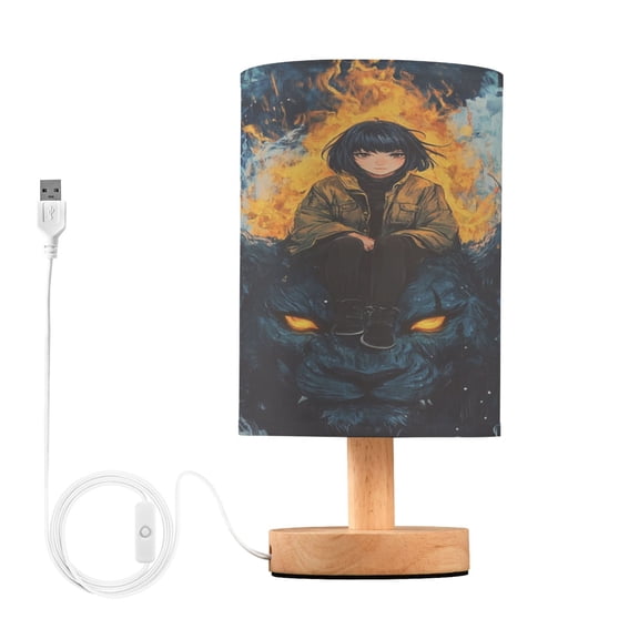 WOBOGO A Lass Sitting on Dark Lion Bedroom Table Lamp USB Power Connector Wooden Base Round Linen Shade For Living Room Desk