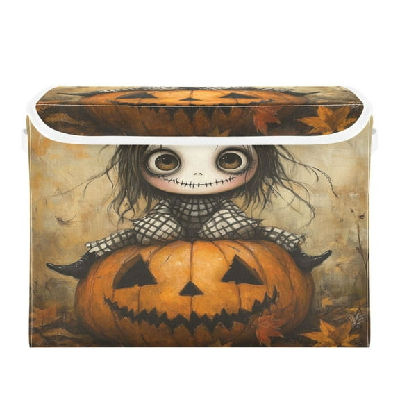 WOBOGO A Lass Sitting on Pumpkin Large Collapsible Storage Box Flip Lid Fabric Decorative Organizer Container Basket with Handles 16.512.611.8in