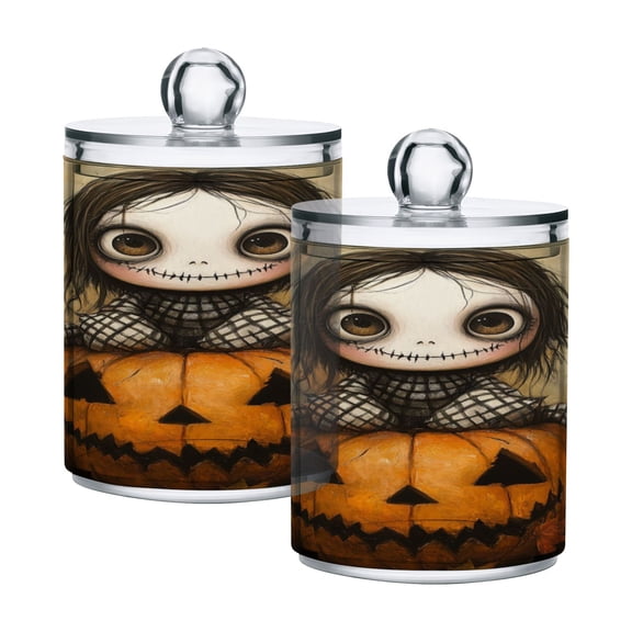 WOBOGO A Lass Sitting on Pumpkin Transparent Plastic Jar 2pcs Cotton Swabs Balls Pads Floss Stick Dispenser Bathroom Vanity Storage Organizer