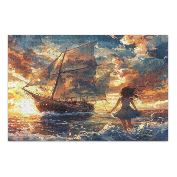 WOBOGO A Lass and Saiboat Jigsaw Puzzle Challenge 1000 Piece Jigsaw Suitable for Game Night Finished Size 29.5 x 19.7in