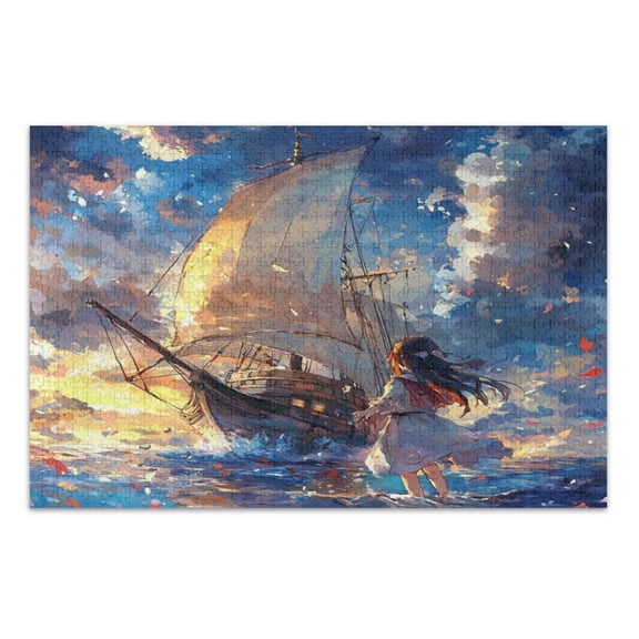 WOBOGO A Lass and Saiboat Jigsaw Puzzle Challenge 500 Piece Jigsaw Suitable for Game Night Finished Size 20.5 x 14.9in