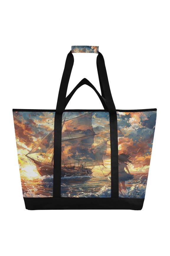 A Lass and Saiboat Tote Cooler Bag Fold Flat Insulated Shopping Bag With Zipper For Work Picnic Beach Use 186.724in