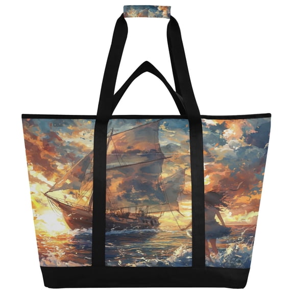 WOBOGO A Lass and Saiboat Tote Cooler Bag Fold Flat Insulated Shopping Bag With Zipper For Work Picnic Beach Use 186.724in