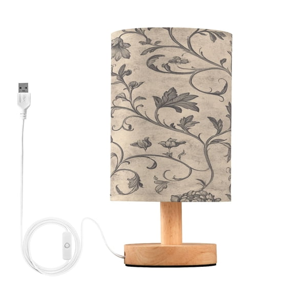 WOBOGO A Medieval-style Pattern Bedroom Table Lamp USB Power Connector Wooden Base Round Linen Shade For Living Room Desk