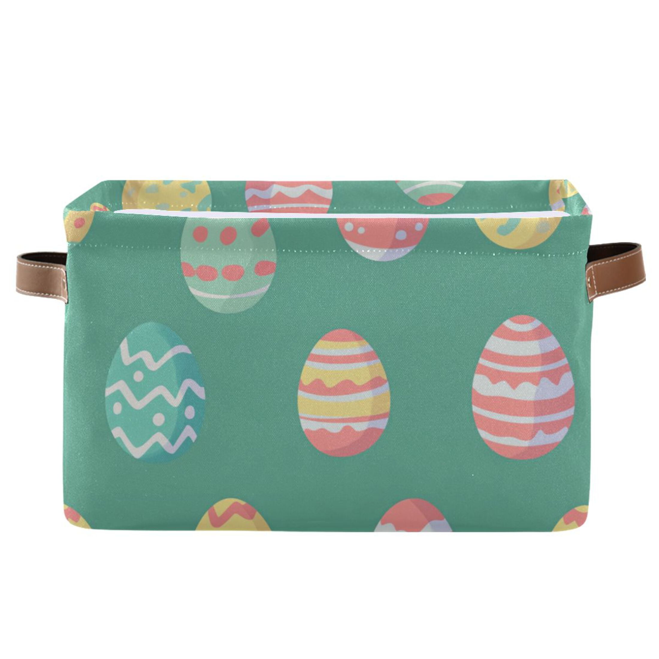 WOBOGO A Pattern Of Colorful Easter Eggs Square Storage Basket with Waterproof Canvas and PE Lining Durable PU Leather Handles 14.2×10.2×8.3in