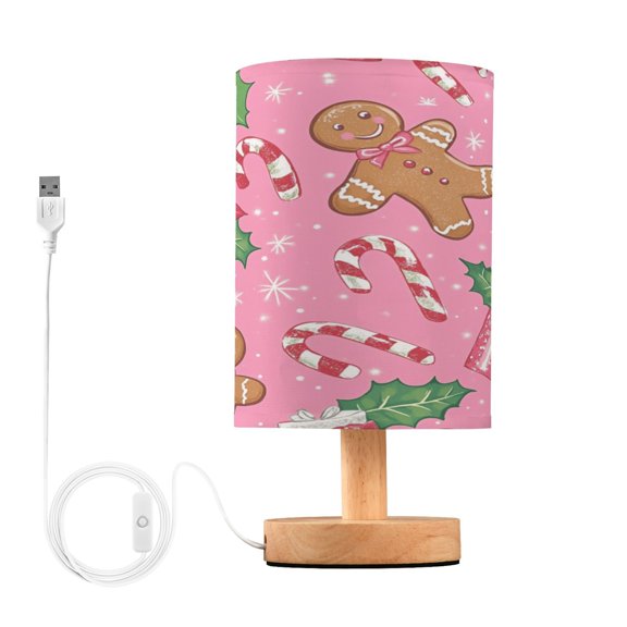 WOBOGO A Pattern Of Cute Gingerbread Men Bedroom Table Lamp USB Power Connector Wooden Base Round Linen Shade For Living Room Desk