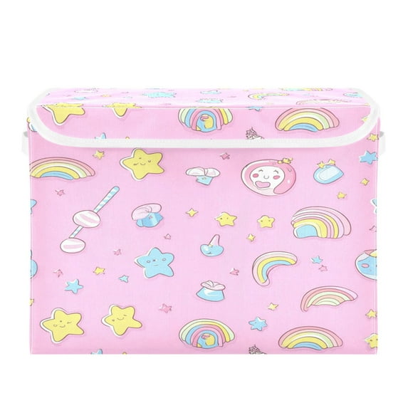 WOBOGO A Pattern Of Kawaii Candy and Stars Large Collapsible Storage Box Flip Lid Fabric Decorative Organizer Container Basket with Handles 16.5×12.6×11.8in