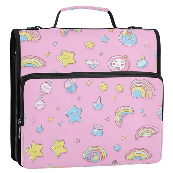 WOBOGO A Pattern Of Kawaii Candy and Stars Ring Binder Bag 1.5in Folder Organizer with Shoulder Strap for 13Inch Laptop and 500 Sheets of Paper
