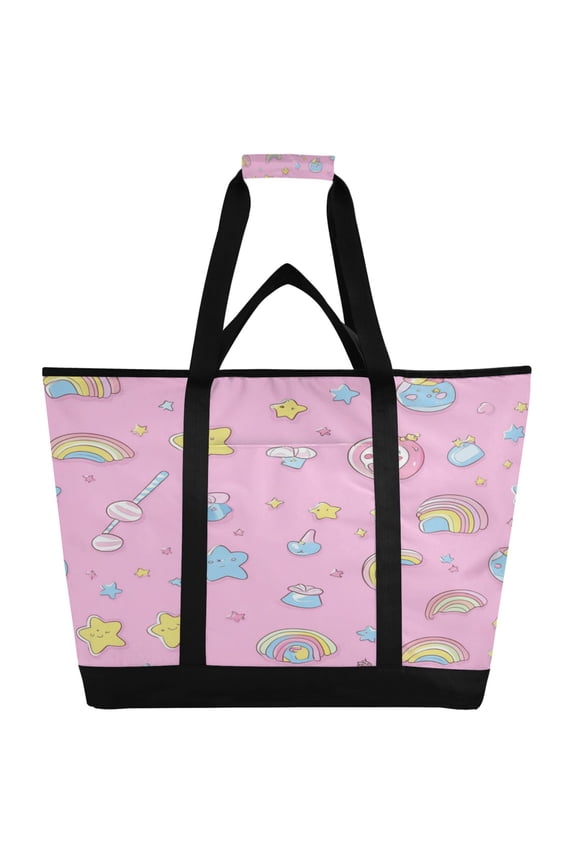 A Pattern Of Kawaii Candy and Stars Tote Cooler Bag Fold Flat Insulated Shopping Bag With Zipper For Work Picnic Beach Use 186.724in