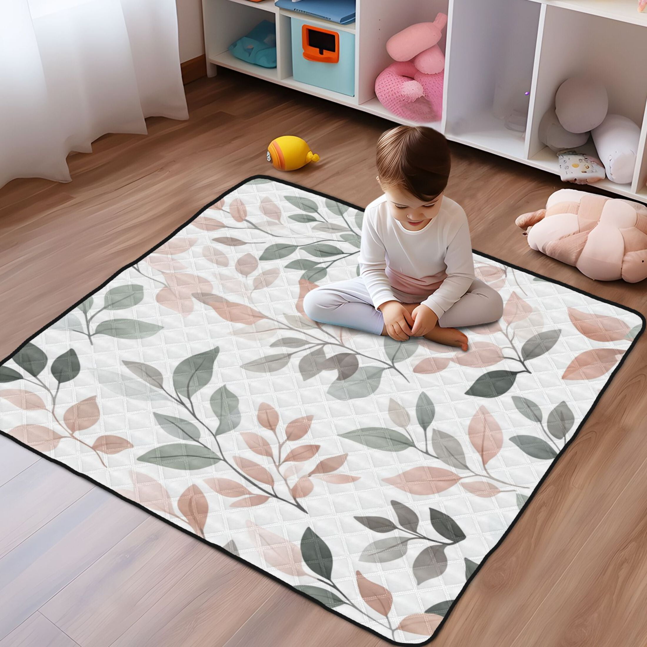 WOBOGO A Pattern Of Leaves in Soft Pinks Baby Playmats Extra Large Waterproof Rollable Activity Pads for Toddlers 50×50inch