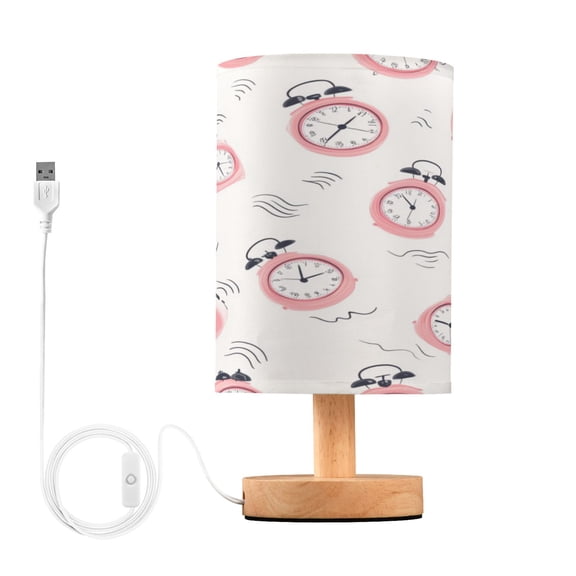 WOBOGO A Pattern Of Pink Alarm Clocks Bedroom Table Lamp USB Power Connector Wooden Base Round Linen Shade For Living Room Desk