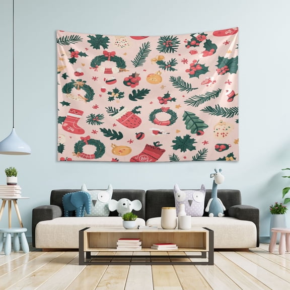 WOBOGO A Pattern with Christmas Stockings and Green Leaves Tapestry 80×60in Home Living Room Bedroom Wall Hanging Ornaments