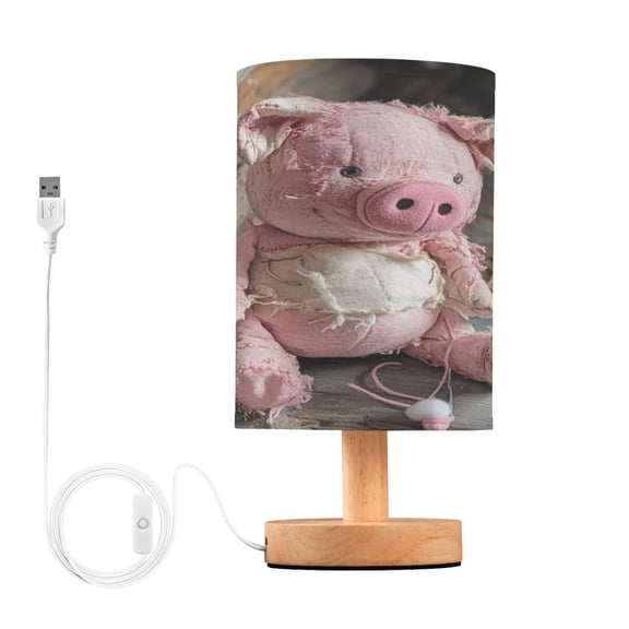WOBOGO A Pink Piggy Doll Bedroom Table Lamp USB Power Connector Wooden Base Round Linen Shade For Living Room Desk