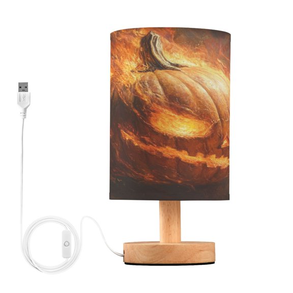 WOBOGO A Pumpkin Head on Fire Bedroom Table Lamp USB Power Connector Wooden Base Round Linen Shade For Living Room Desk
