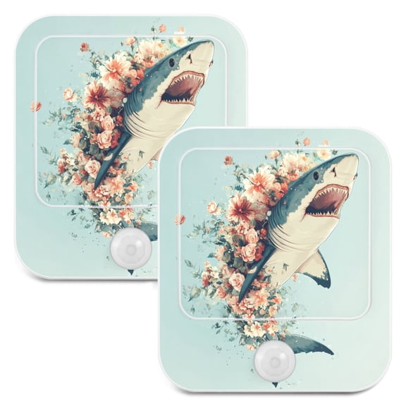 WOBOGO A Shark Full Of Flowers Night Light Lamp with Smart Sensor Dusk to Dawn Sensor 0.6W Plug-in 2-Pack